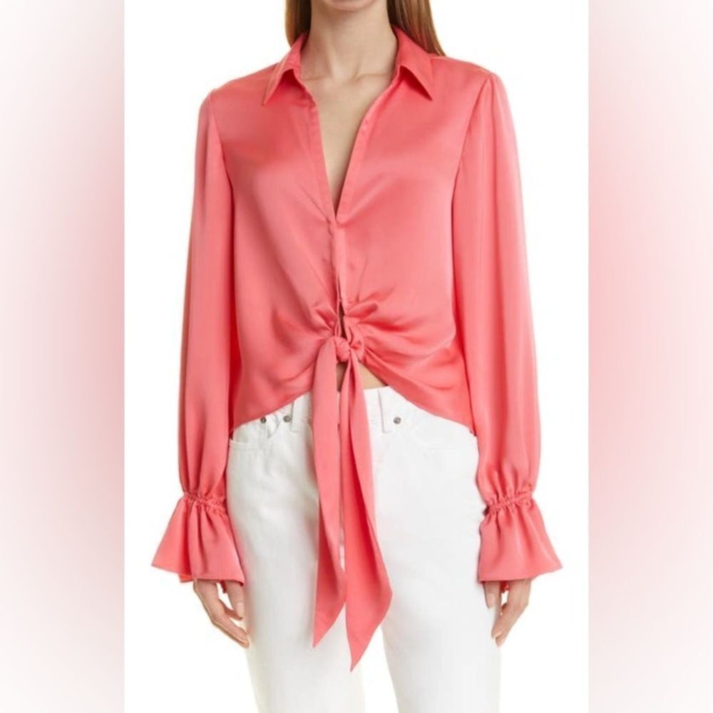 Ramy Brook "Carter" silk front-tie blouse with point collar Size M
